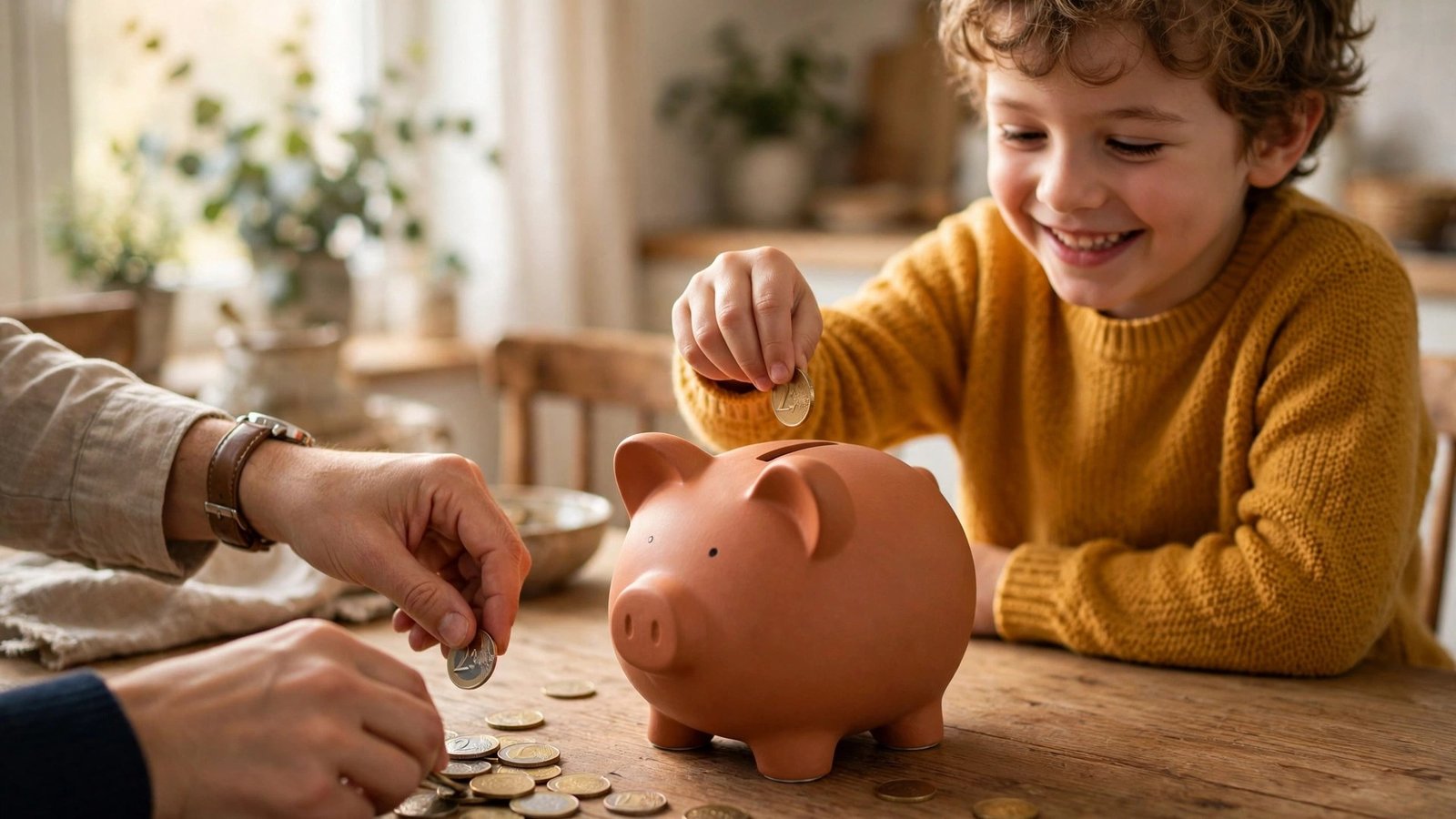 Bausparvertrag für Kinder sinnvoll 2026: Kind wirft Münze in Sparschwein