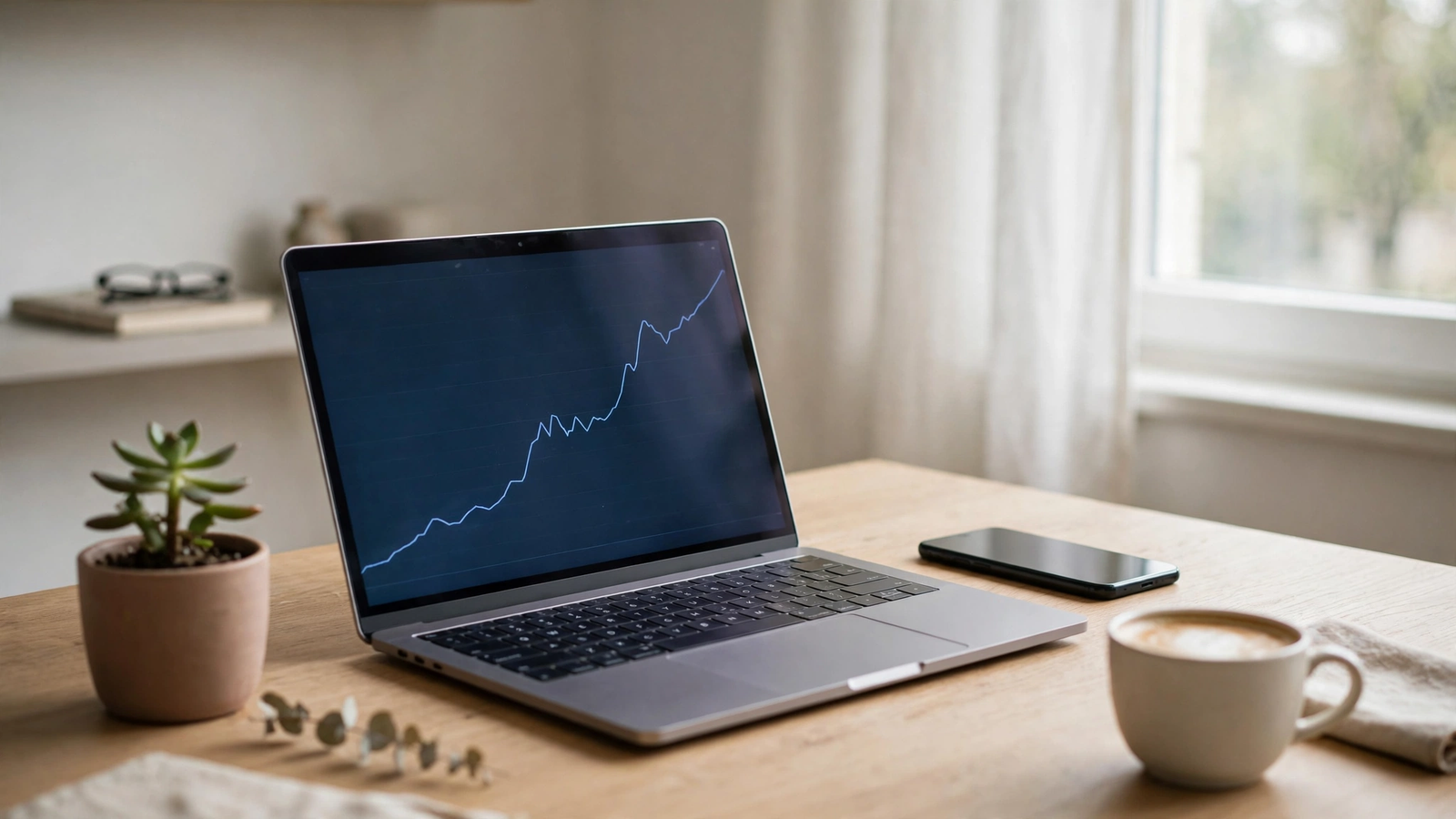 ETF Sparplan 2026: Laptop mit Börsenchart auf modernem Schreibtisch im Homeoffice