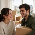 Hausratversicherung beim Zusammenziehen kündigen 2026: Paar zieht mit Umzugskartons in gemeinsame Wohnung
