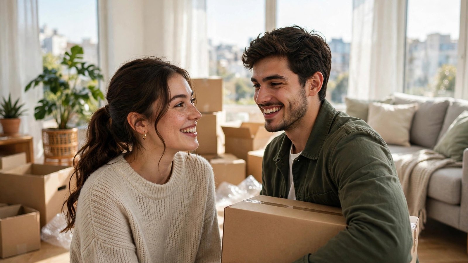 Hausratversicherung beim Zusammenziehen kündigen 2026: Paar zieht mit Umzugskartons in gemeinsame Wohnung