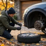 Winterreifen wechseln Checkliste – Radwechsel in der Einfahrt im Herbst