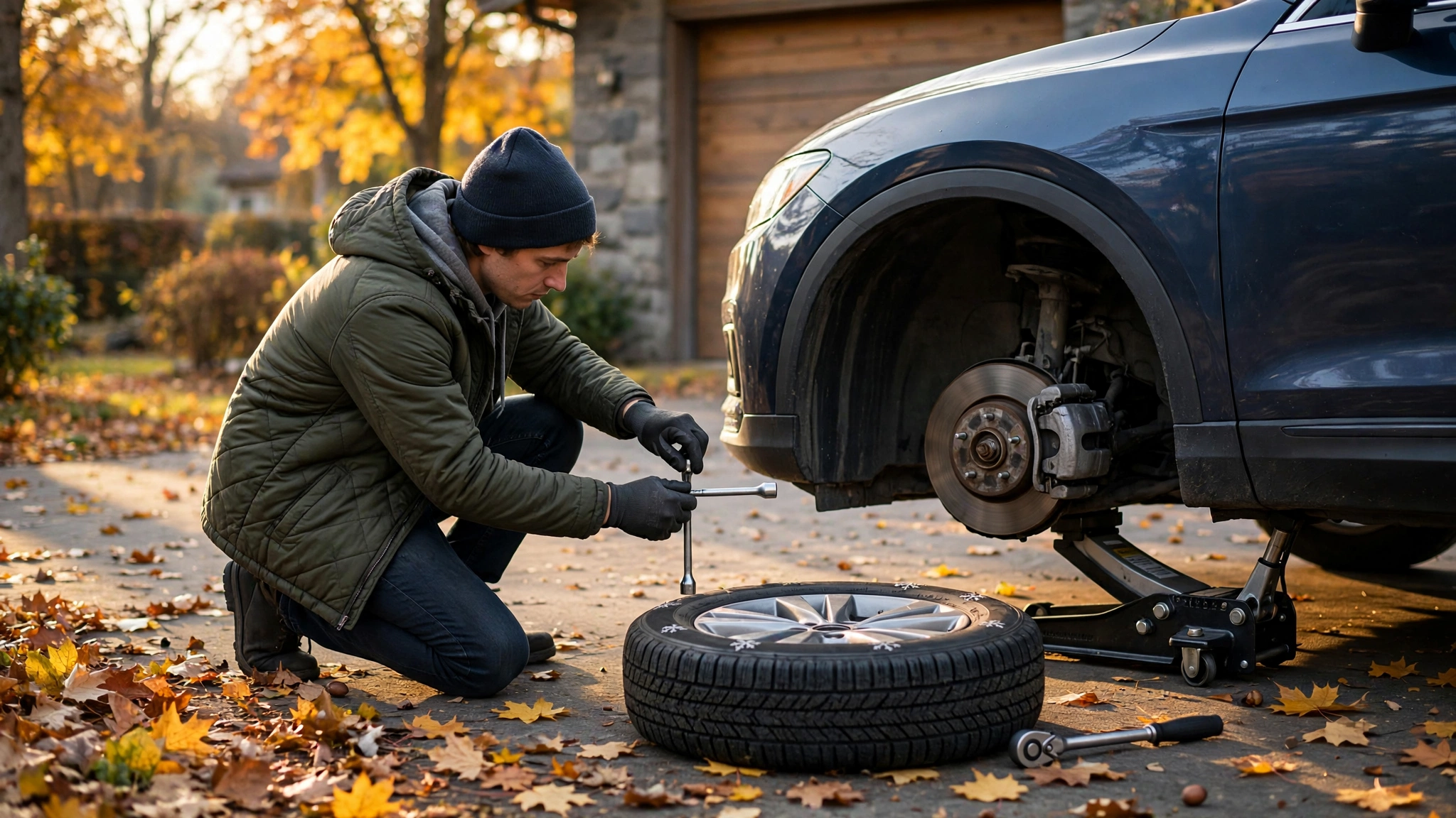 Winterreifen wechseln Checkliste – Radwechsel in der Einfahrt im Herbst
