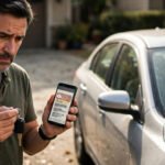 Auto verkaufen Betrug Warnsignale: Verkäufer prüft verdächtige Nachricht beim Autoverkauf