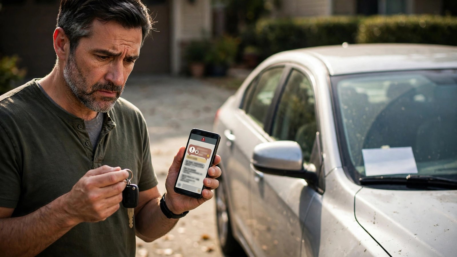 Auto verkaufen Betrug Warnsignale: Verkäufer prüft verdächtige Nachricht beim Autoverkauf