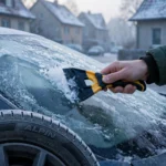Auto winterfest machen: Eiskratzer an vereister Autoscheibe im Winter