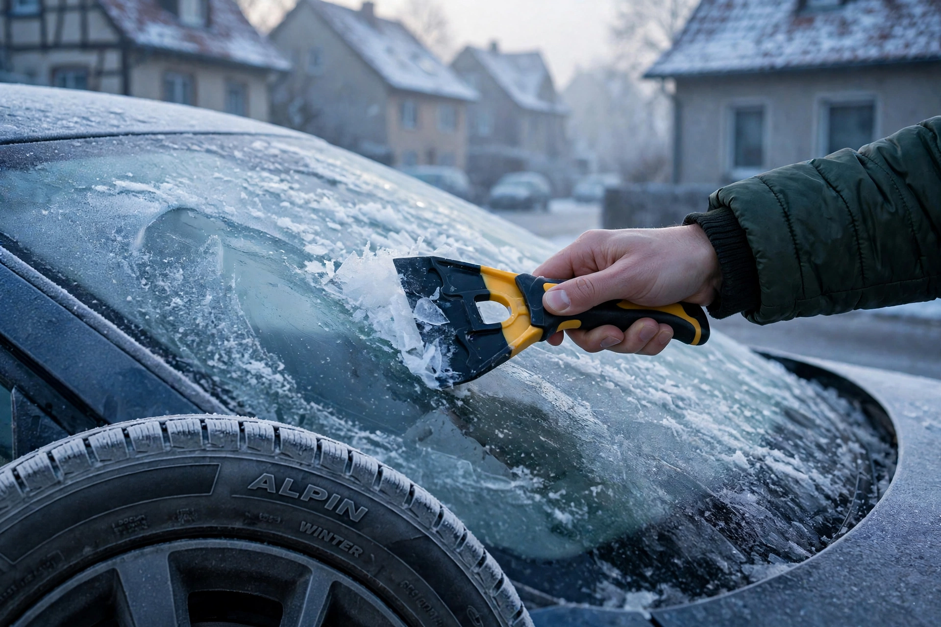 Auto winterfest machen: Eiskratzer an vereister Autoscheibe im Winter