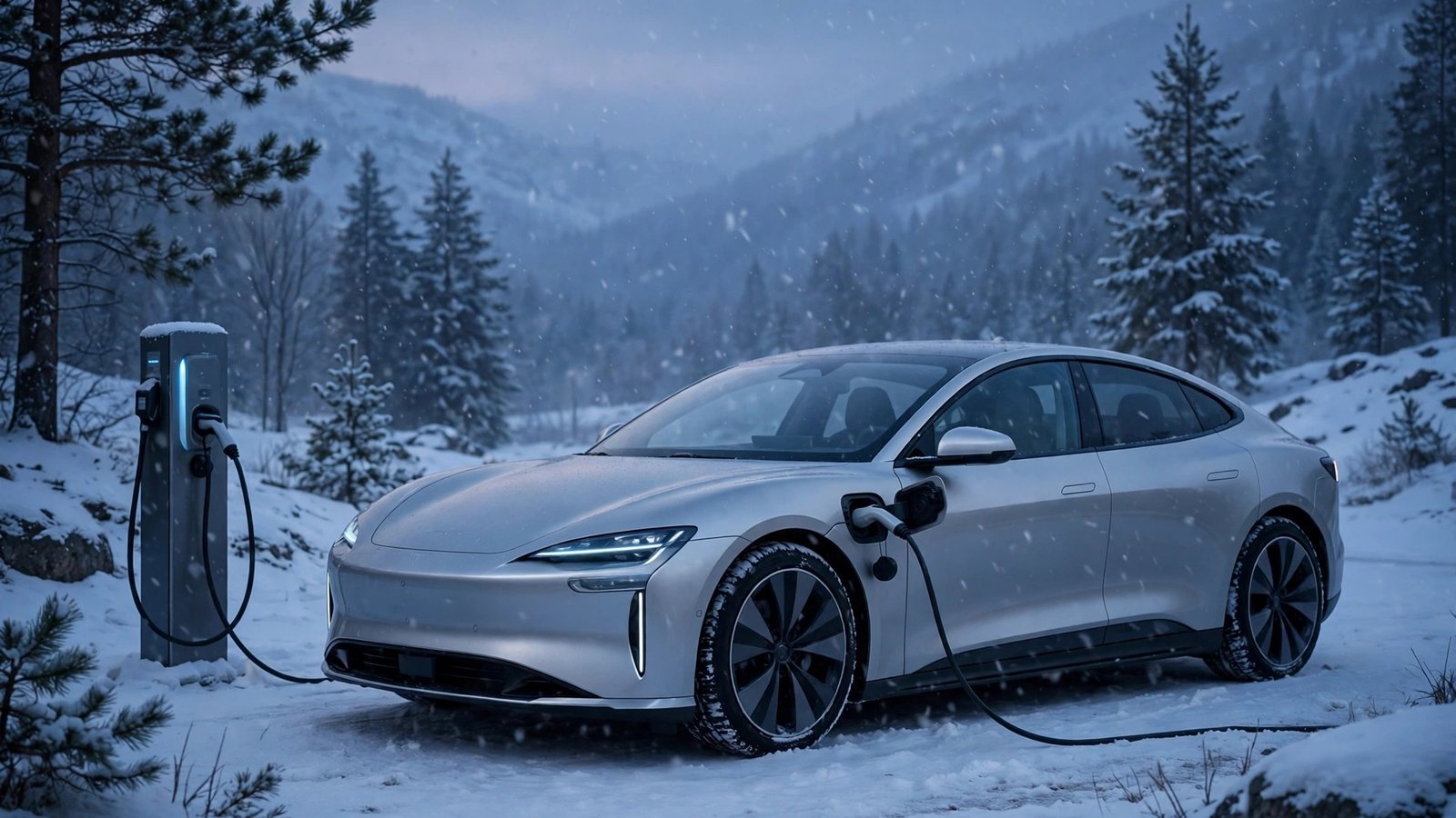 Elektroauto Reichweite Winter – E-Auto an der Ladesäule im Schnee