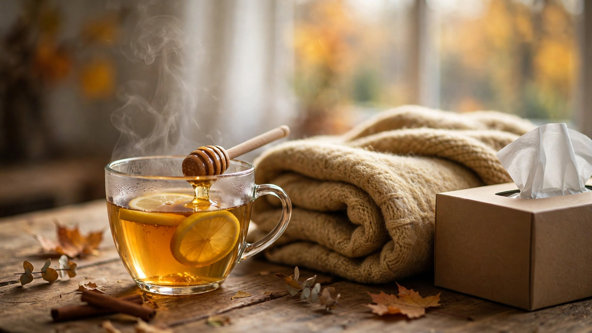 Erkältung schnell loswerden: dampfende Tasse Kräutertee mit Zitrone als bewährtes Hausmittel bei Erkältung