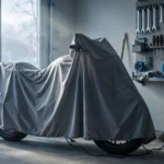 Motorrad einwintern: Motorrad unter Abdeckplane in der Garage für die Winterpause vorbereitet