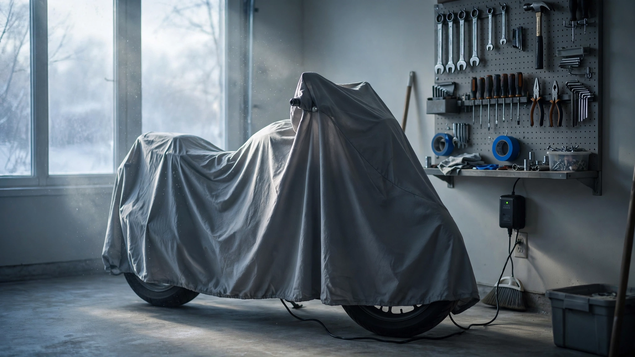 Motorrad einwintern: Motorrad unter Abdeckplane in der Garage für die Winterpause vorbereitet