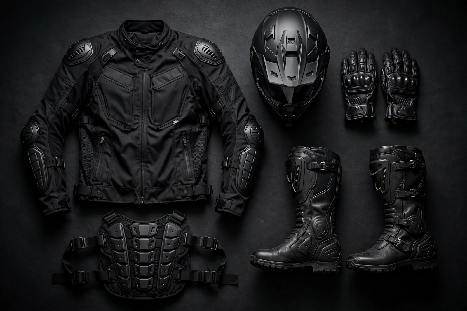 Motorrad Schutzkleidung flach ausgelegt: Helm, Jacke mit Protektoren, Handschuhe, Stiefel – Motorrad Schutzkleidung Pflicht, was braucht man 2026
