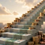 Festgeld Treppenstrategie sinnvoll einsetzen: Treppe aus Geldstapeln als Symbol für gestaffelte Festgeld-Laufzeiten 2026