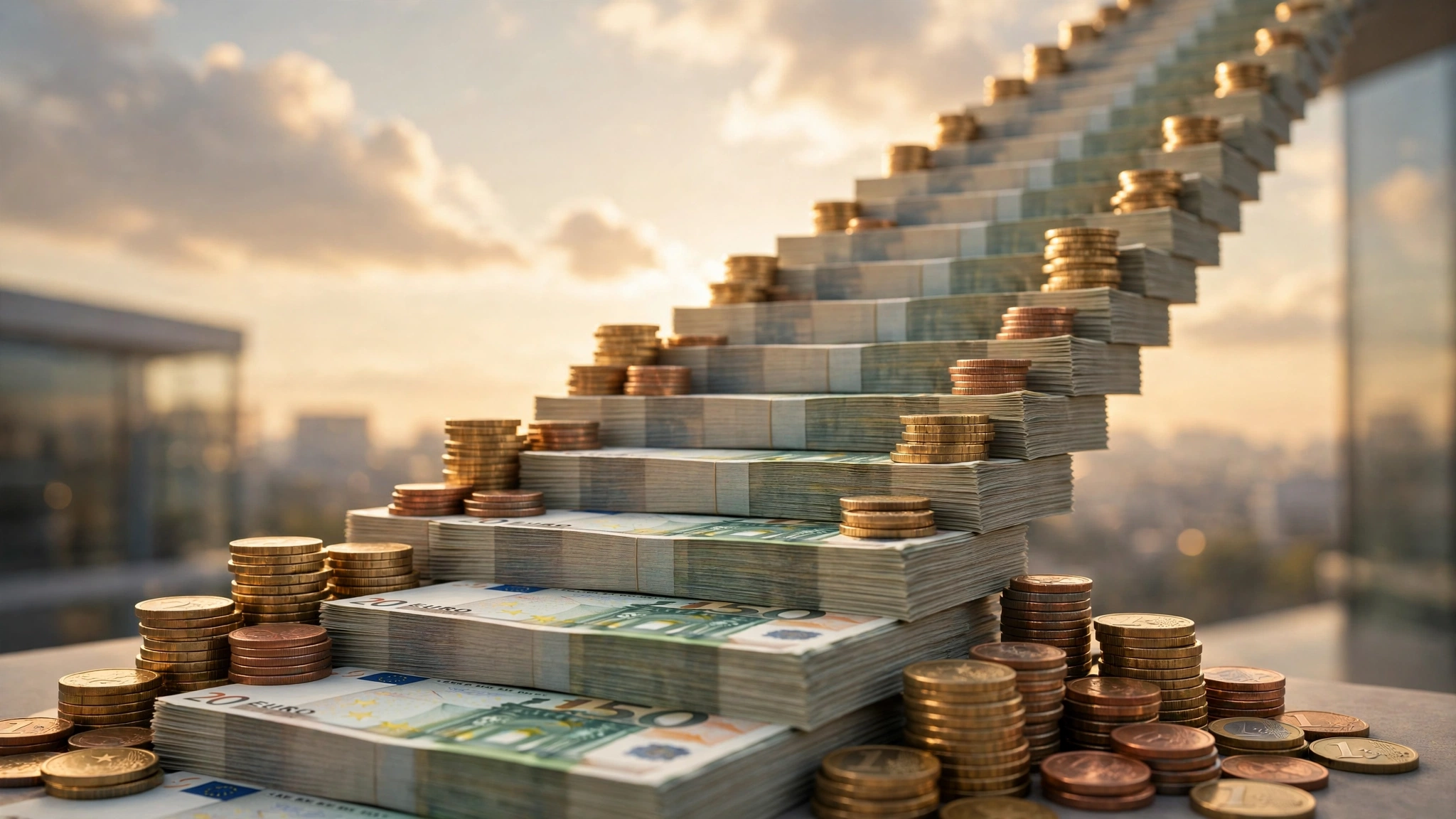 Festgeld Treppenstrategie sinnvoll einsetzen: Treppe aus Geldstapeln als Symbol für gestaffelte Festgeld-Laufzeiten 2026