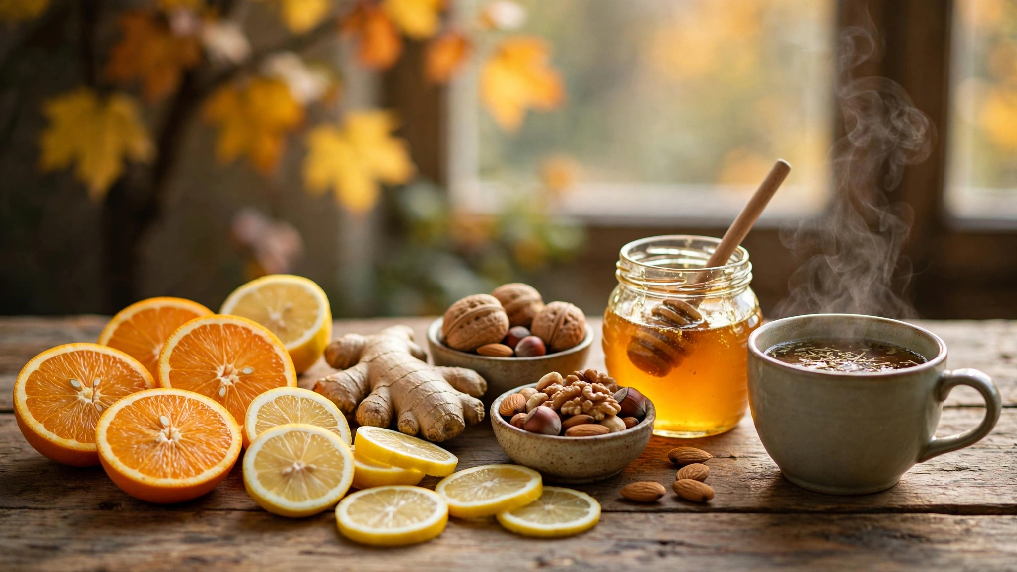 Immunsystem stärken: Orangen, Ingwer, Nüsse und Kräutertee für eine starke Abwehr im Herbst