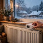 Heizkosten sparen Winter 2026 Tipps: Heizkörper mit Thermostat im winterlichen Wohnzimmer