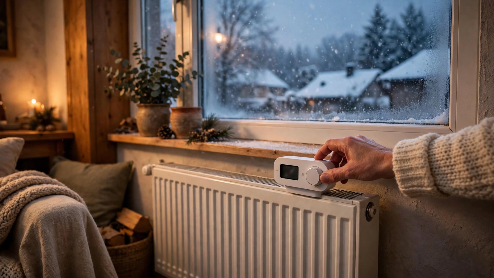 Heizkosten sparen Winter 2026 Tipps: Heizkörper mit Thermostat im winterlichen Wohnzimmer