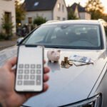Kfz-Versicherung Sparpotenzial Rechner: Auto mit Sparschwein, Euro-Münzen und Smartphone-Rechner