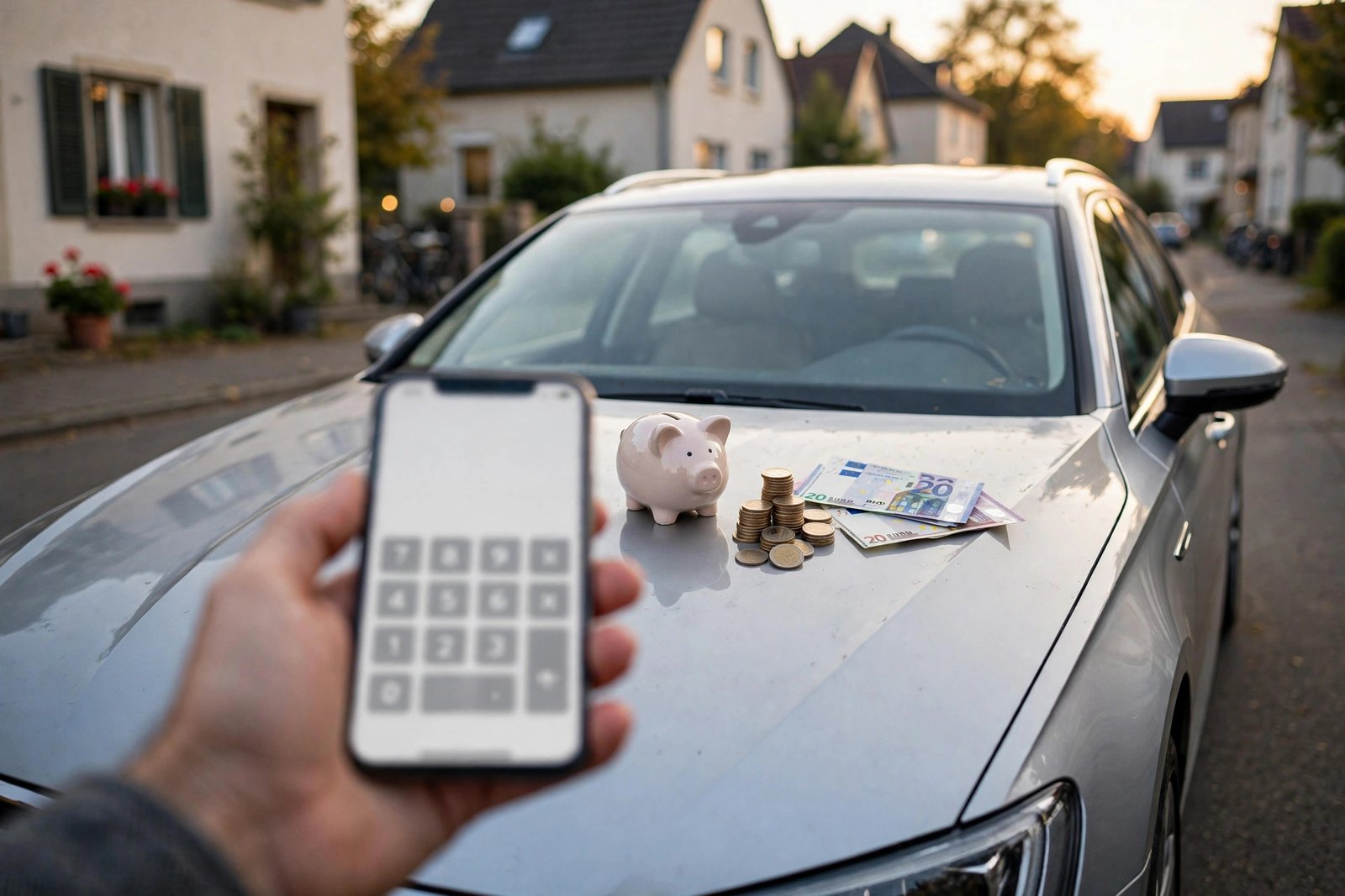 Kfz-Versicherung Sparpotenzial Rechner: Auto mit Sparschwein, Euro-Münzen und Smartphone-Rechner