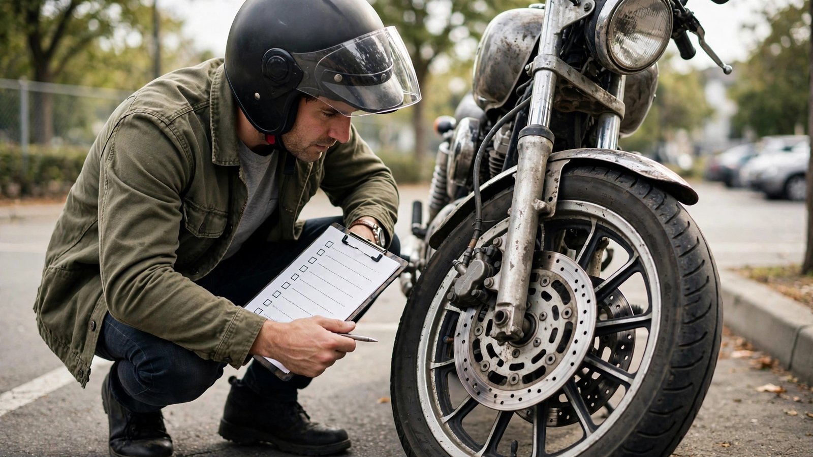 Motorrad gebraucht kaufen worauf achten – Käufer prüft gebrauchtes Motorrad mit Checkliste