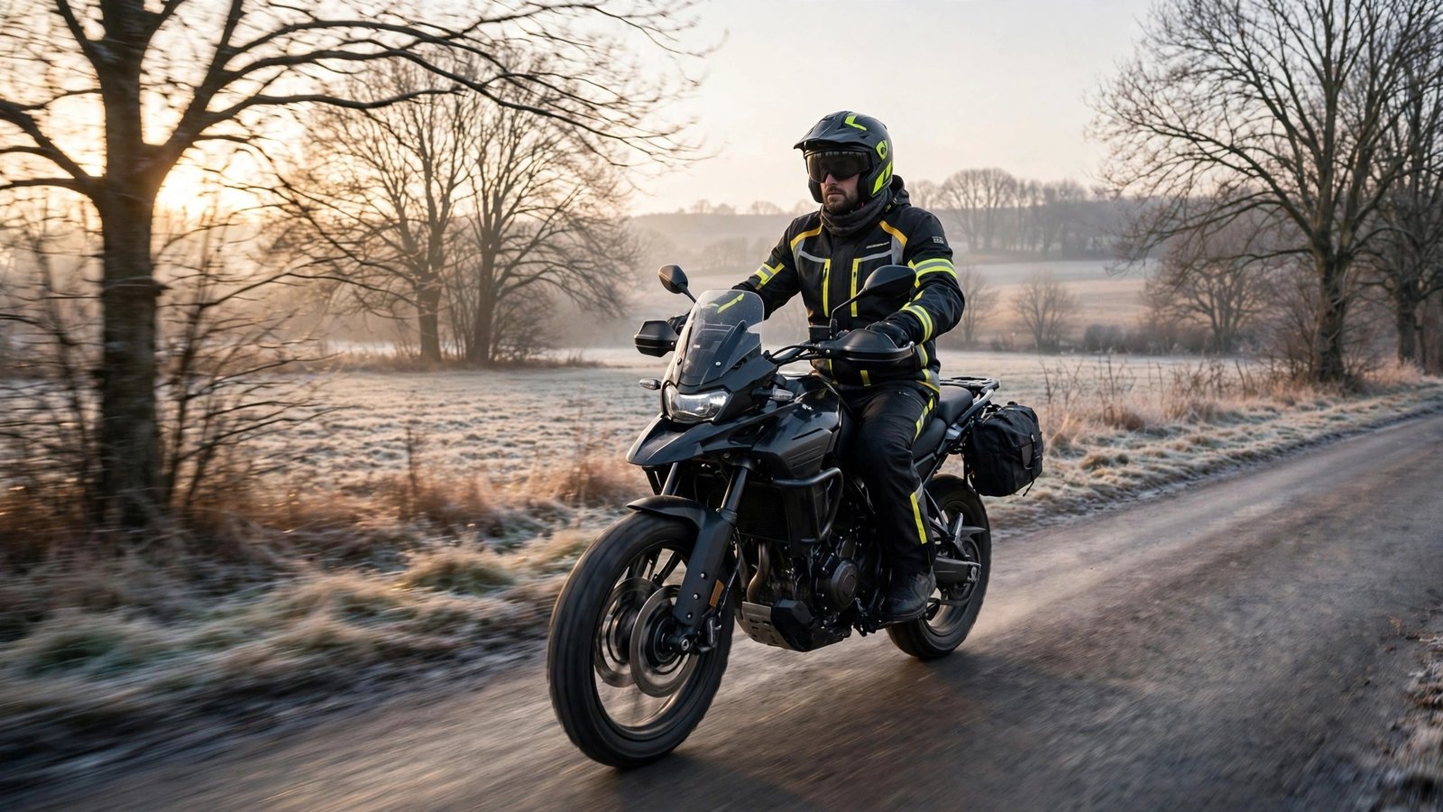 Motorrad im Winter fahren – Motorradfahrer auf trockener Winterstraße