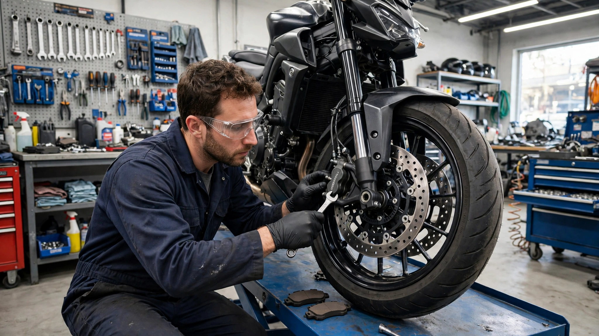 Motorrad Inspektion Kosten 2026: Motorrad in der Werkstatt auf der Hebebühne