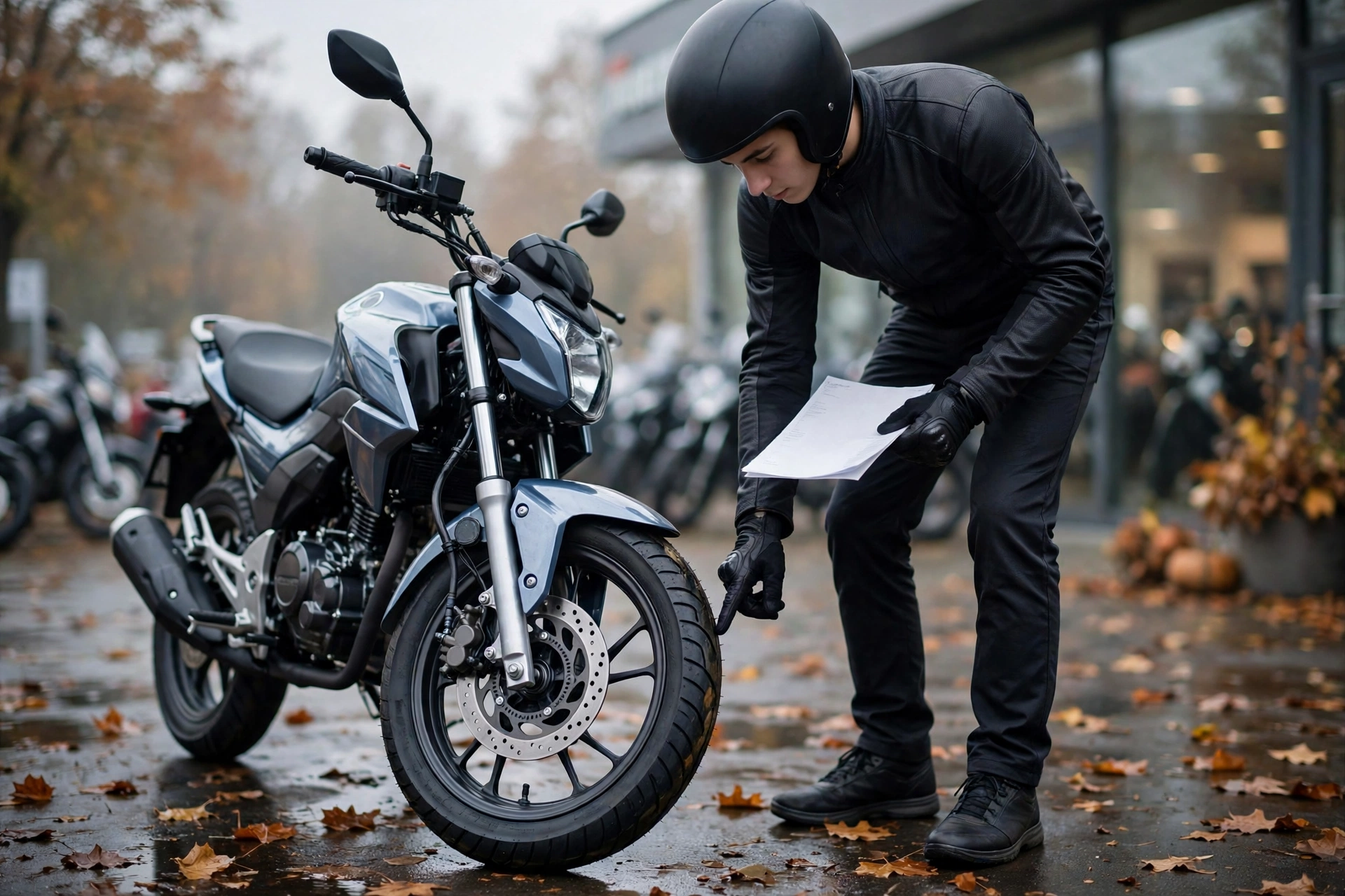 Motorrad kaufen Anfänger Checkliste 2026: Fahranfänger prüft 125er Motorrad beim Händler