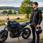 Motorradversicherung Anfänger Kosten 2026: junger Motorradfahrer neben Einsteiger-Motorrad auf Landstraße