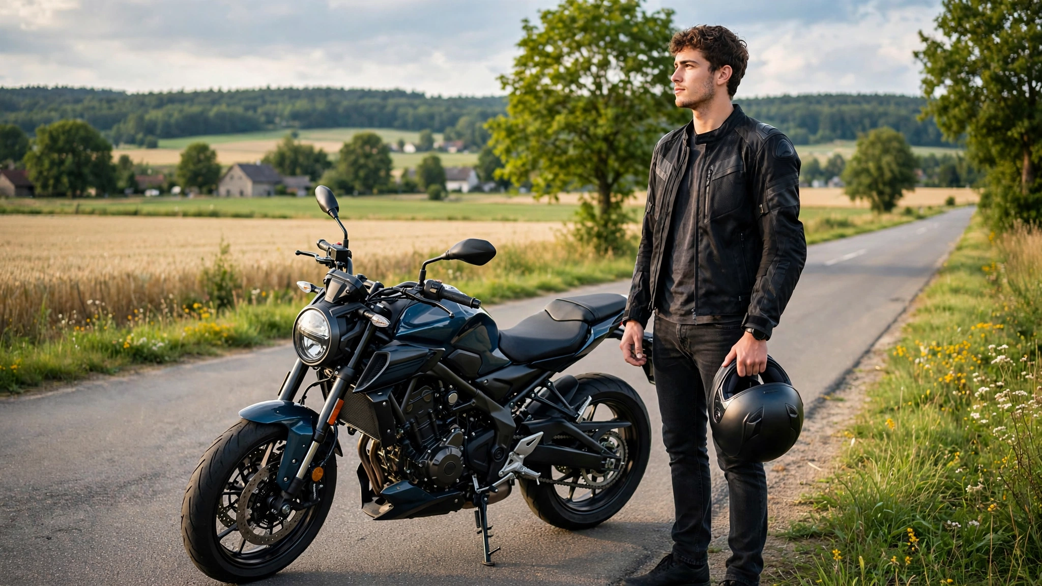 Motorradversicherung Anfänger Kosten 2026: junger Motorradfahrer neben Einsteiger-Motorrad auf Landstraße