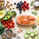 Bluthochdruck Ernährung: herzgesunde Lebensmittel wie Gemüse, Fisch, Olivenöl, Nüsse und Beeren