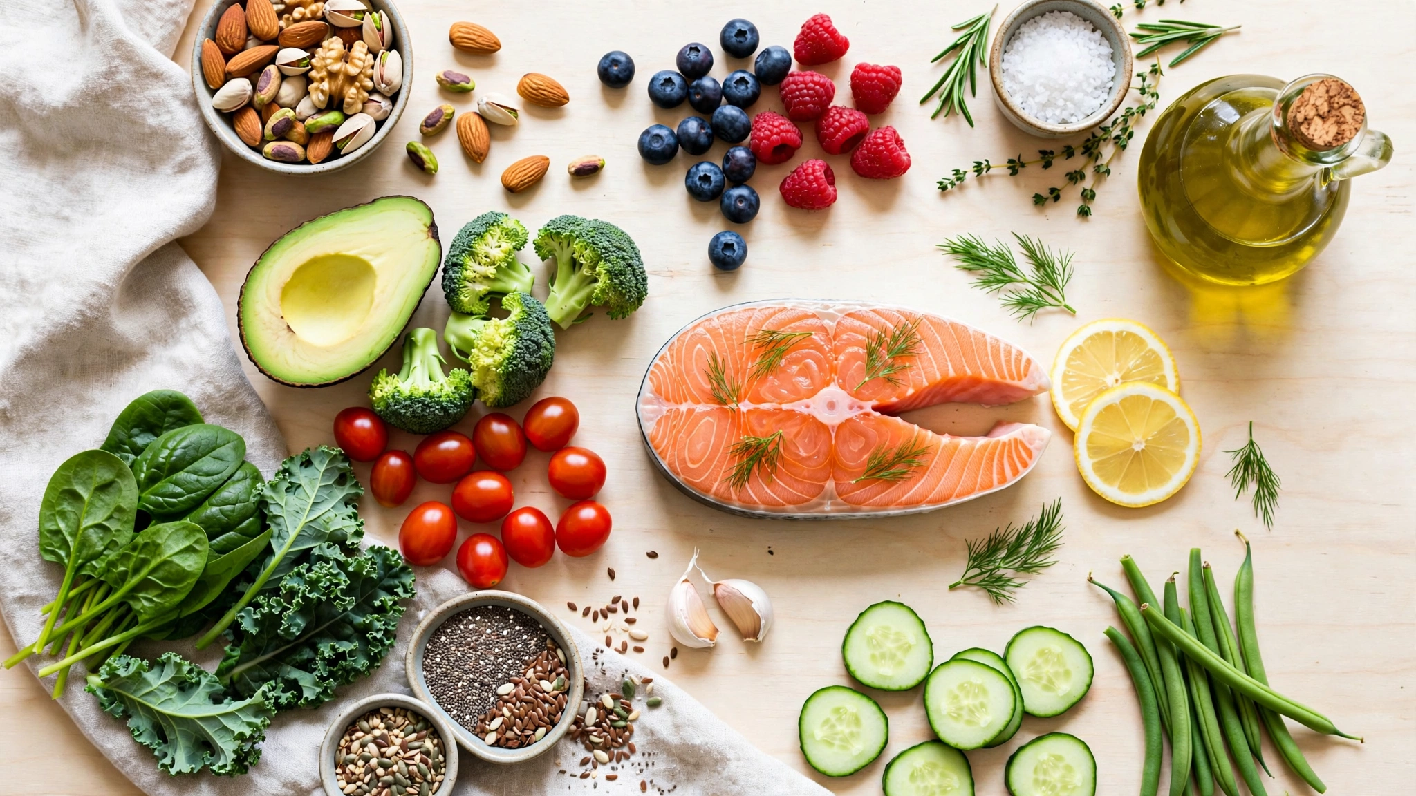 Bluthochdruck Ernährung: herzgesunde Lebensmittel wie Gemüse, Fisch, Olivenöl, Nüsse und Beeren