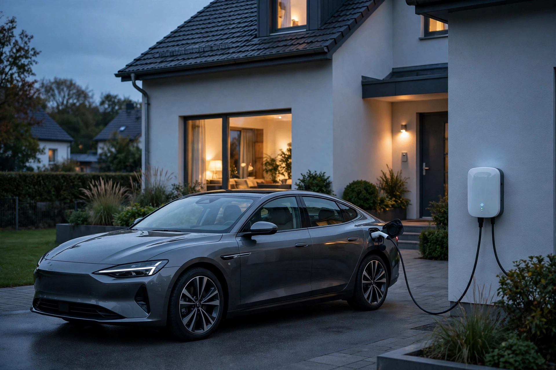 Plug-in-Hybrid 2026: Auto lädt an der Wallbox vor einem modernen Einfamilienhaus