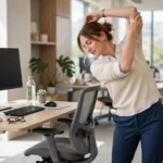 Rückenschmerzen unterer Rücken Übungen für Büro: Frau dehnt sich am ergonomischen Schreibtisch