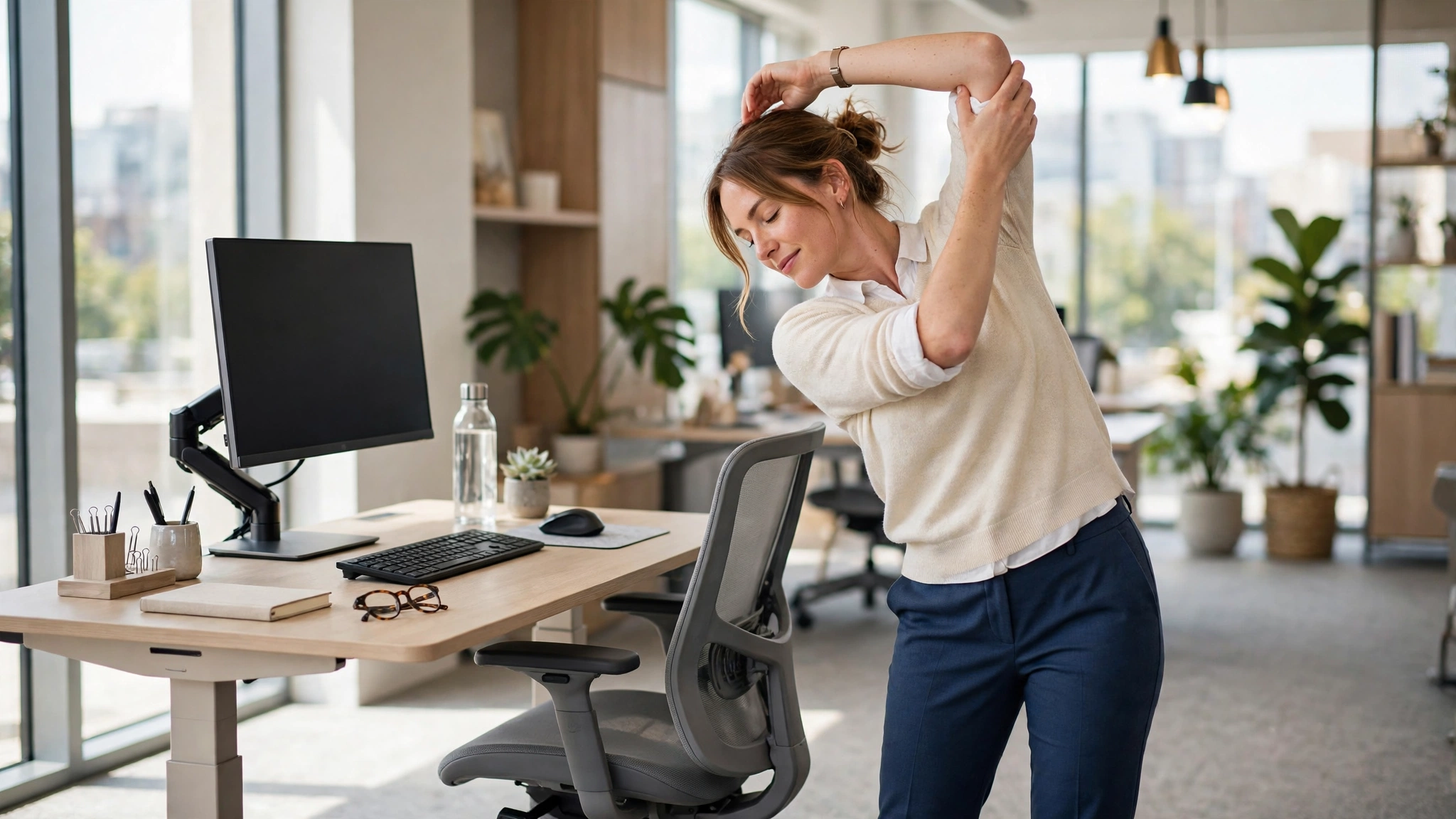 Rückenschmerzen unterer Rücken Übungen für Büro: Frau dehnt sich am ergonomischen Schreibtisch