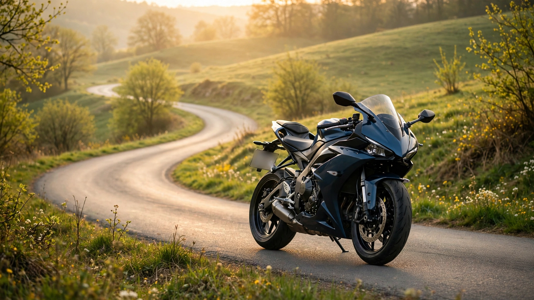 Saisonkennzeichen Motorrad: Sportmotorrad auf kurviger Landstraße im Morgenlicht
