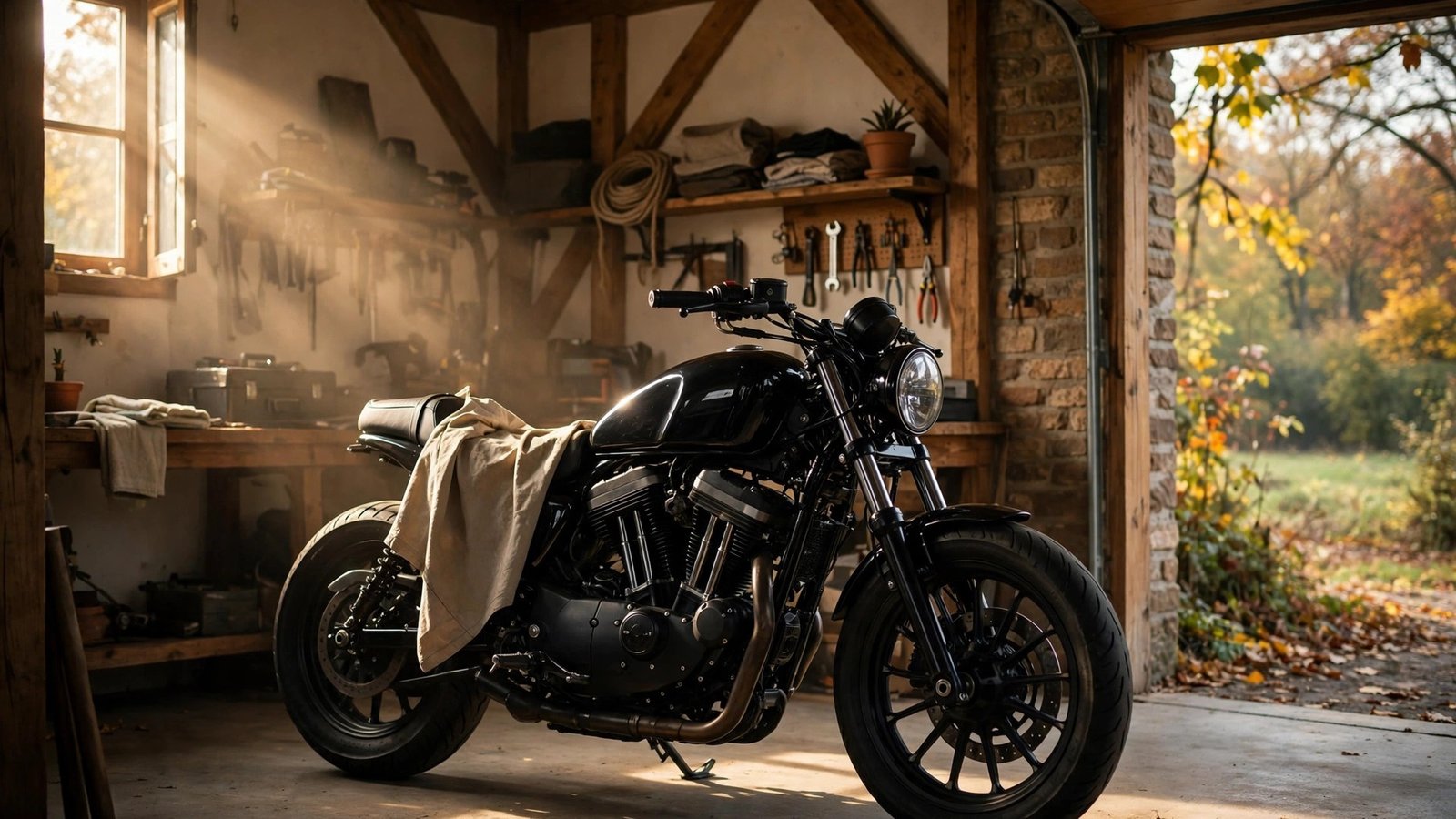 Motorradversicherung Saisonkennzeichen sinnvoll 2026 – Motorrad in der Garage im Herbst