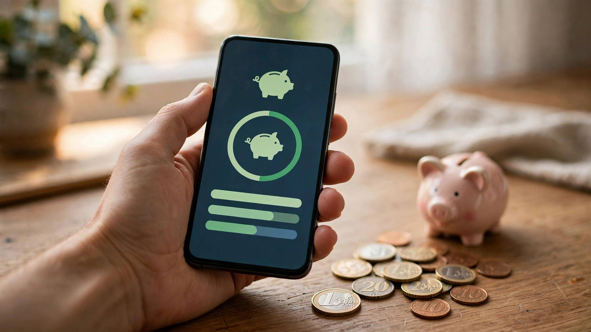 Tagesgeld Bestandskunden Zinsen Vergleich 2026 – Smartphone mit Banking-App, Spardose und Euro-Münzen