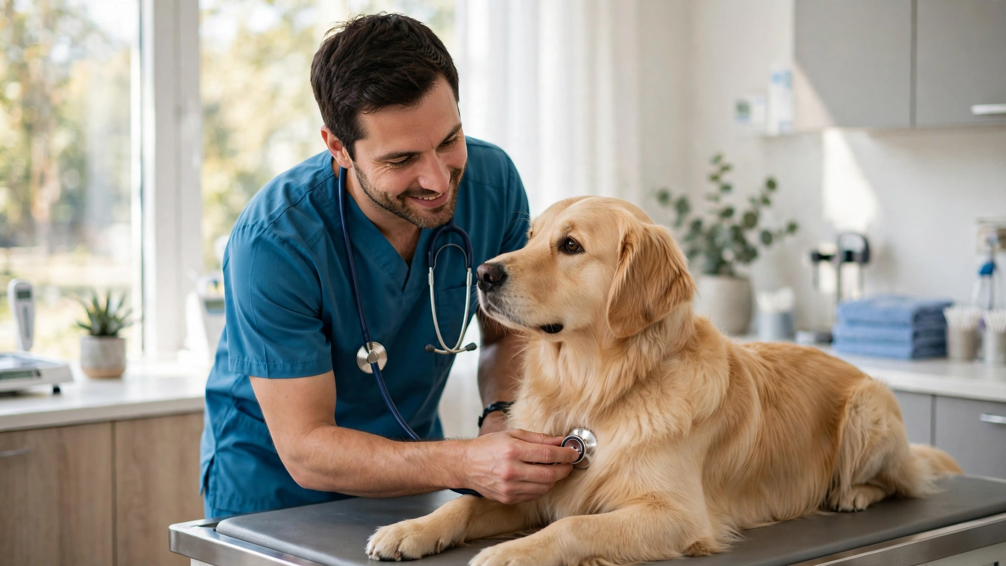 Tierkrankenversicherung 2026: Tierarzt untersucht einen Hund in moderner Praxis