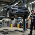 TÜV überzogen: Auto auf Hebebühne in einer deutschen Prüfhalle bei der Hauptuntersuchung