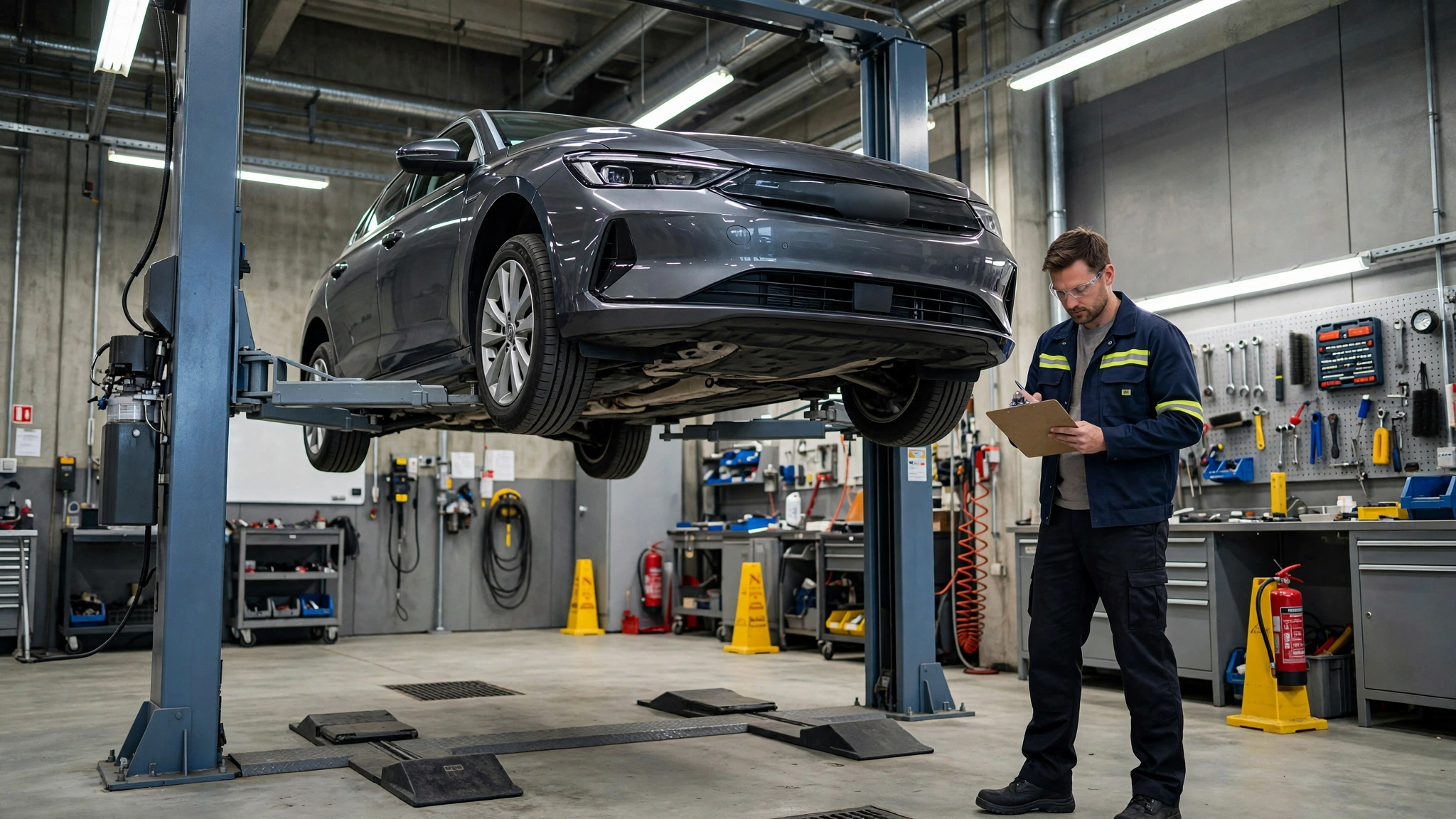 TÜV überzogen: Auto auf Hebebühne in einer deutschen Prüfhalle bei der Hauptuntersuchung