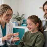 Zahnzusatzversicherung Kinder Kieferorthopädie: Kieferorthopädin zeigt Zahnspange am Modell
