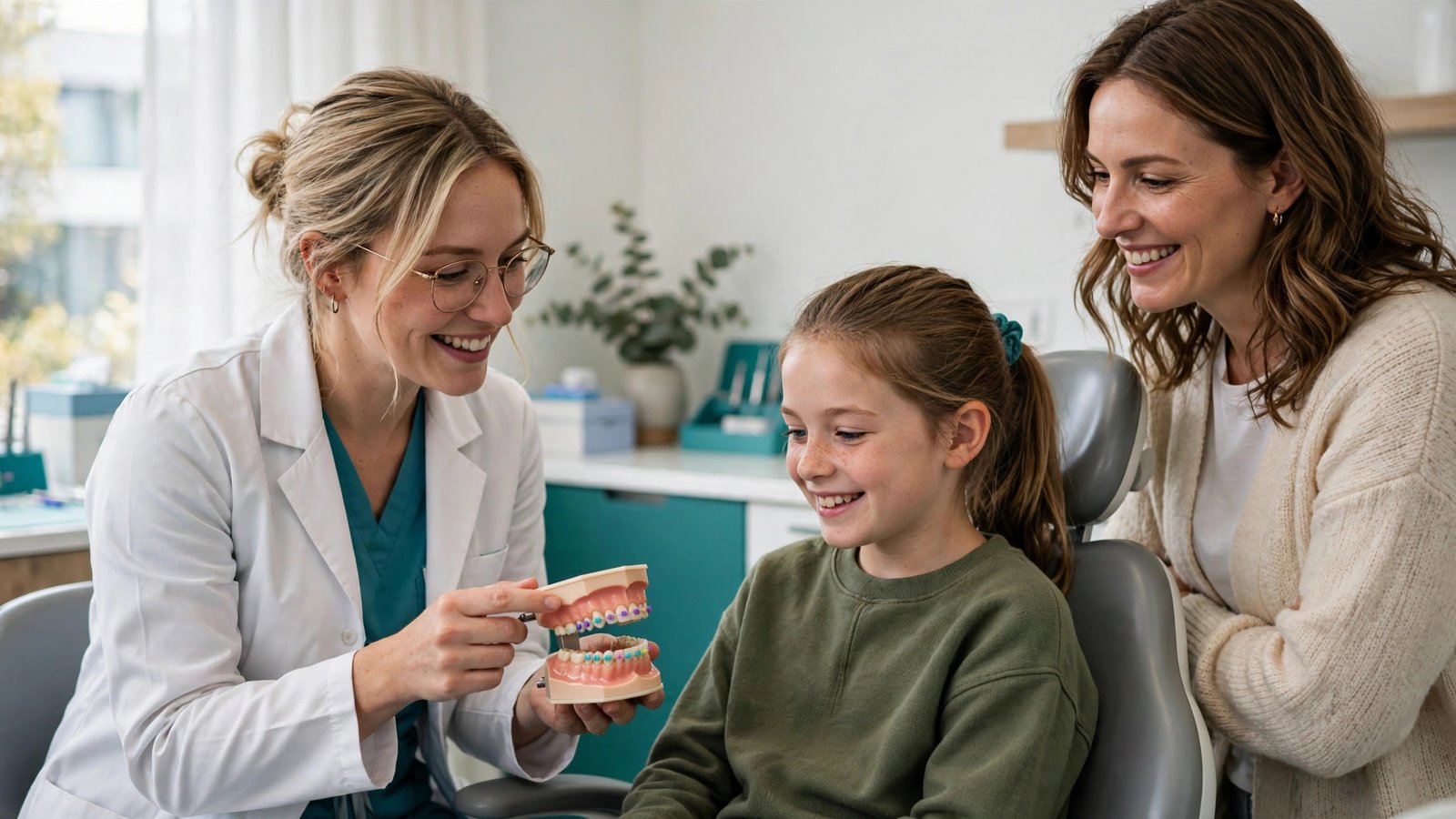 Zahnzusatzversicherung Kinder Kieferorthopädie: Kieferorthopädin zeigt Zahnspange am Modell