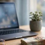 Tagesgeld Zinsen 2026: Laptop mit Bankübersicht, Euro-Geldscheinen und Kaffeetasse auf einem Schreibtisch