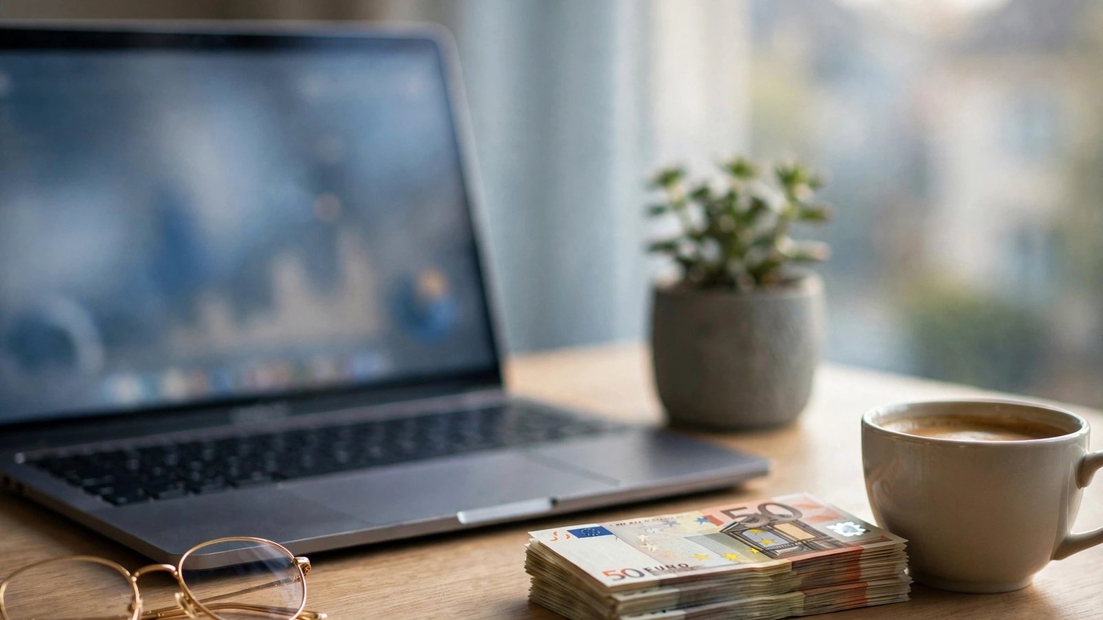 Tagesgeld Zinsen 2026: Laptop mit Bankübersicht, Euro-Geldscheinen und Kaffeetasse auf einem Schreibtisch